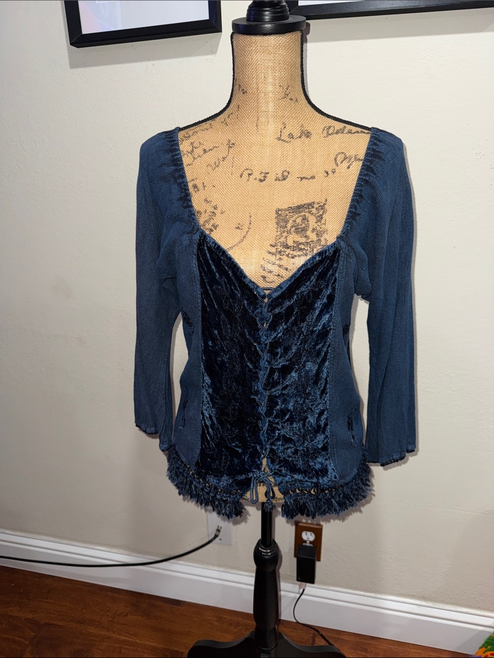 Women's Navy Blue Velvet-Front Scoop Neck Blouse
